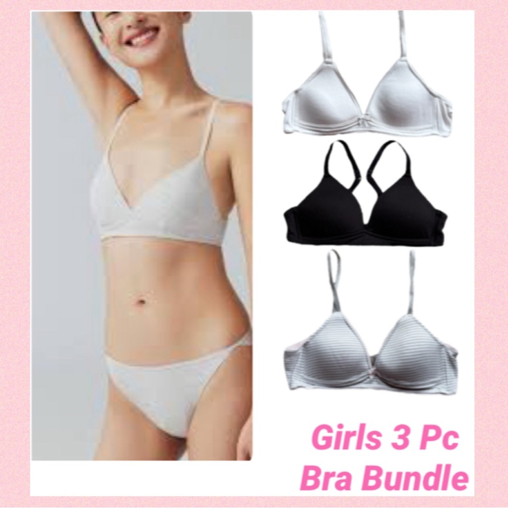 Girls Bra Set 3Pc Lightly Padded Smooth T-shirt Bra Black White Gray Stripes 34A
